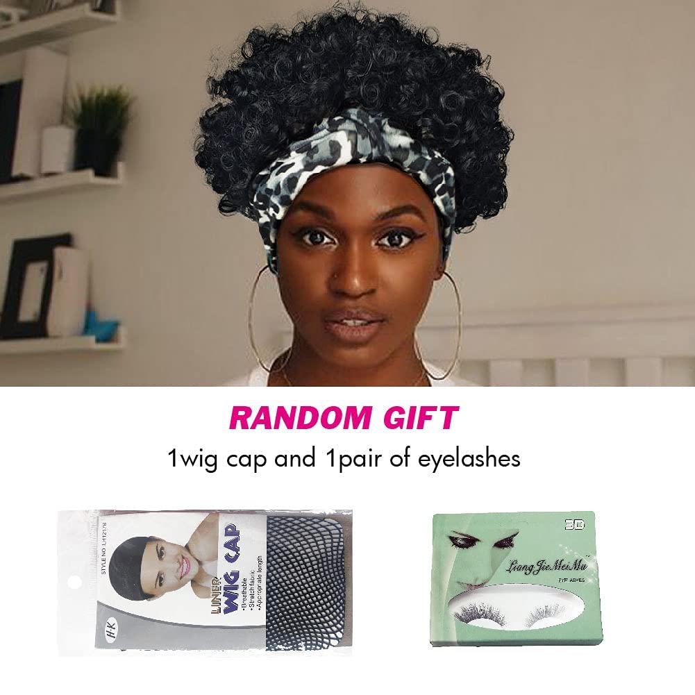 Short Curly Wigs with Headbands Attached for Black Women Synthitic Kinky Curly Afro Puff No Drawstring Ponytail Wig Headwrap Hairstyles With 2 Clips(T1B/Grey) - Wigtrends