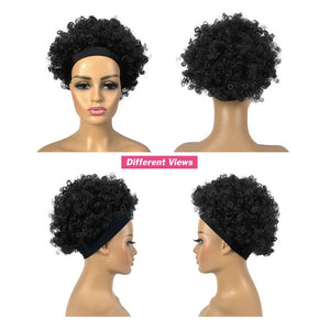 Short Curly Wigs with Headbands Attached for Black Women Synthitic Kinky Curly Afro Puff No Drawstring Ponytail Wig Headwrap Hairstyles With 2 Clips(T1B/Grey) - Wigtrends