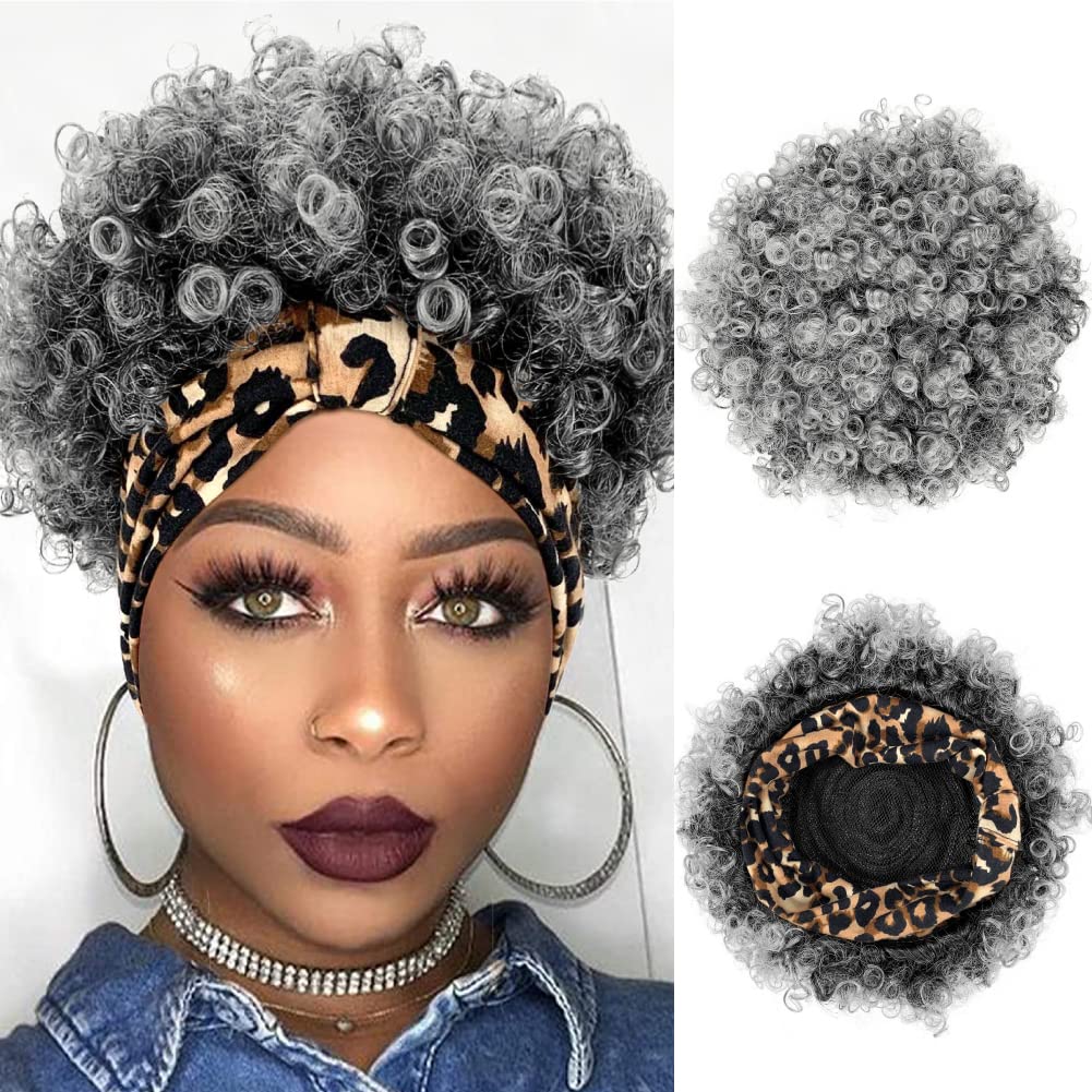 Short Curly Wigs with Headbands Attached for Black Women Synthitic Kinky Curly Afro Puff No Drawstring Ponytail Wig Headwrap Hairstyles With 2 Clips(T1B/Grey) - Wigtrends