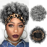 Short Curly Wigs with Headbands Attached for Black Women Synthitic Kinky Curly Afro Puff No Drawstring Ponytail Wig Headwrap Hairstyles With 2 Clips(T1B/Grey) - Wigtrends