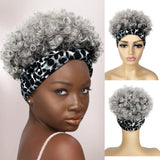 Short Curly Wigs with Headbands Attached for Black Women Synthitic Kinky Curly Afro Puff No Drawstring Ponytail Wig Headwrap Hairstyles With 2 Clips(T1B/Grey) - Wigtrends