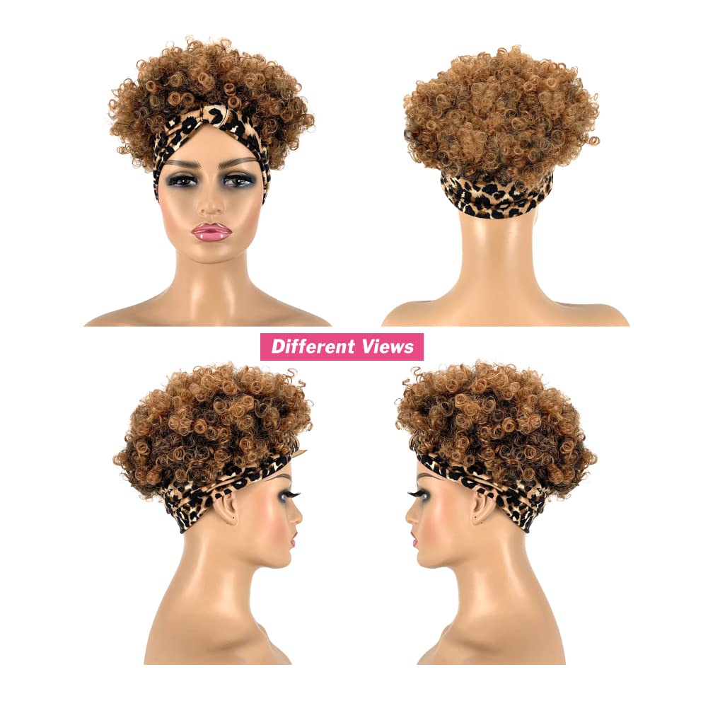 Short Curly Wigs with Headbands Attached for Black Women Synthitic Kinky Curly Afro Puff No Drawstring Ponytail Wig Headwrap Hairstyles With 2 Clips(T1B/Grey) - Wigtrends