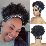 Short Curly Wigs with Headbands Attached for Black Women Synthitic Kinky Curly Afro Puff No Drawstring Ponytail Wig Headwrap Hairstyles With 2 Clips(T1B/Grey) - Wigtrends