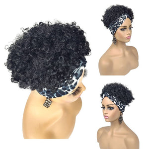 Short Curly Wigs with Headbands Attached for Black Women Synthitic Kinky Curly Afro Puff No Drawstring Ponytail Wig Headwrap Hairstyles With 2 Clips(T1B/Grey) - Wigtrends