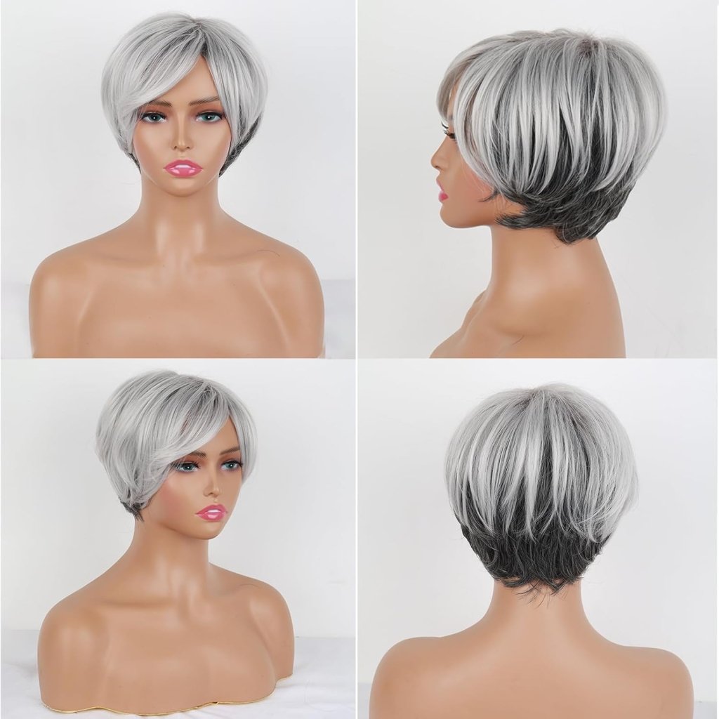 Short Gray Pixie Cut Wigs Salt and Pepper Wigs for Black Women Natural looking Grandma Wig Old Lady Wigs for Older Women Grey Short Synthetic Hair Replacement Wigs - Wigtrends