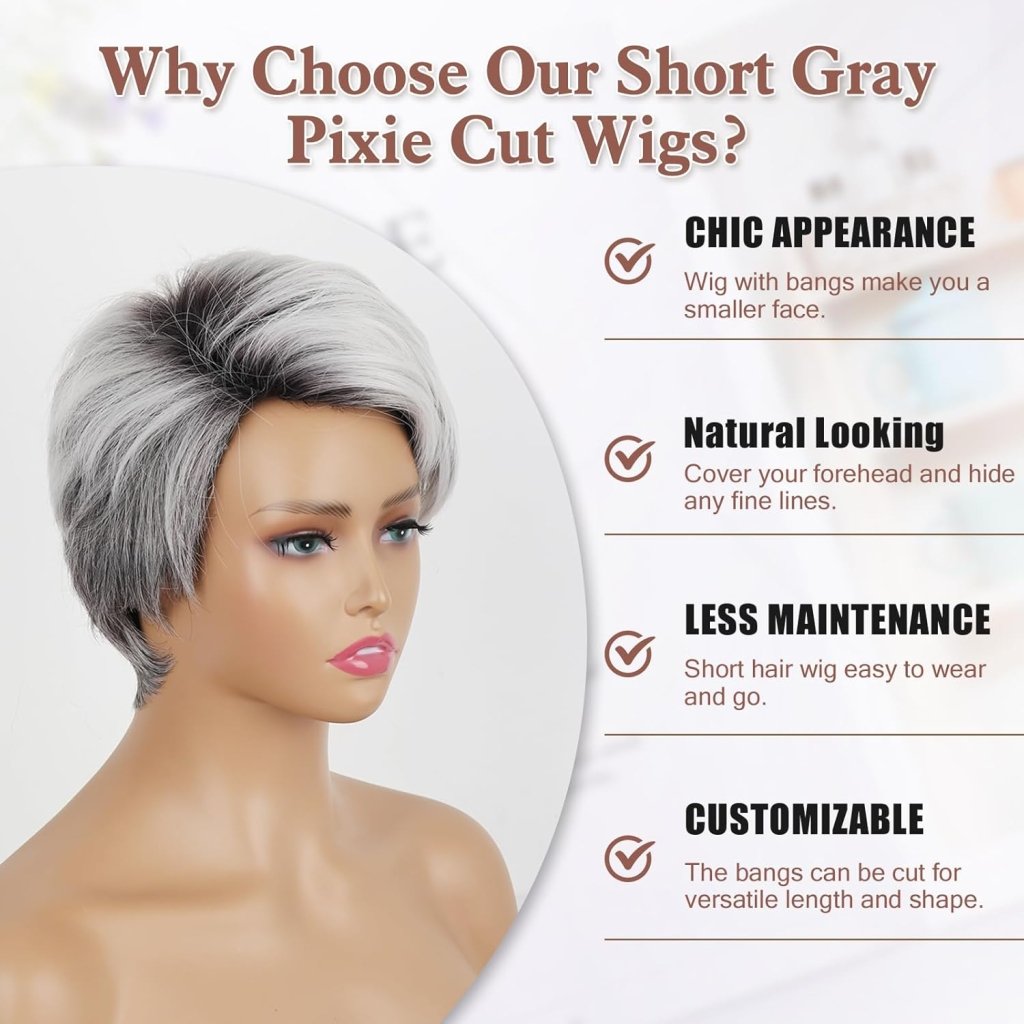 Short Gray Pixie Cut Wigs Salt and Pepper Wigs for Black Women Natural looking Grandma Wig Old Lady Wigs for Older Women Grey Short Synthetic Hair Replacement Wigs - Wigtrends