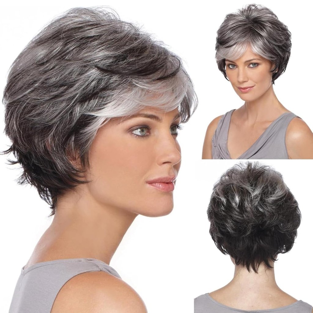 Short Gray Pixie Cut Wigs Salt and Pepper Wigs for Black Women Natural looking Grandma Wig Old Lady Wigs for Older Women Grey Short Synthetic Hair Replacement Wigs - Wigtrends