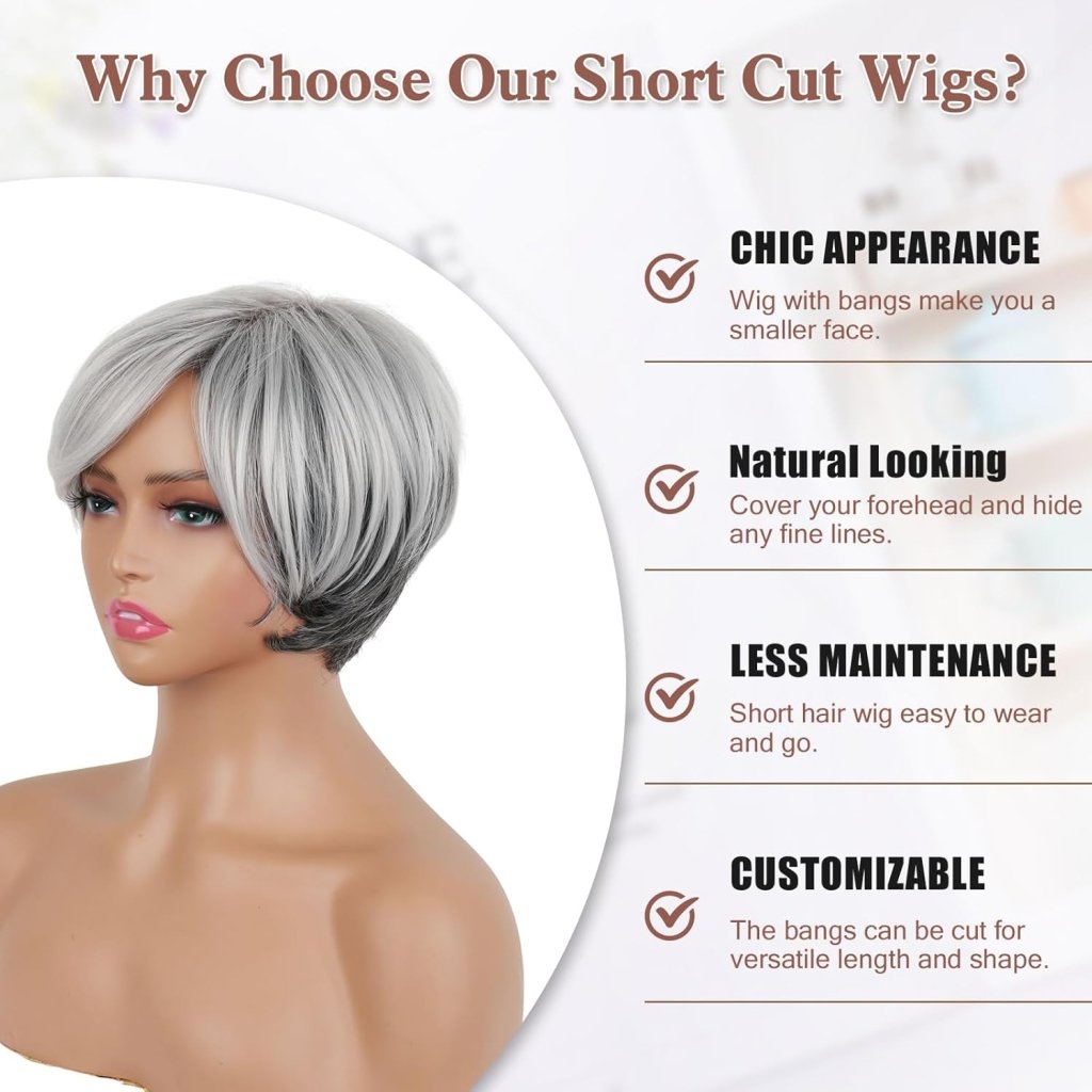 Short Gray Pixie Cut Wigs Salt and Pepper Wigs for Black Women Natural looking Grandma Wig Old Lady Wigs for Older Women Grey Short Synthetic Hair Replacement Wigs - Wigtrends