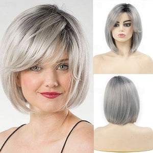 Short Grey Wigs for Women Bob Wig Natural Straight Wig Side Part Hair for Daily Party Cosplay - Wigtrends