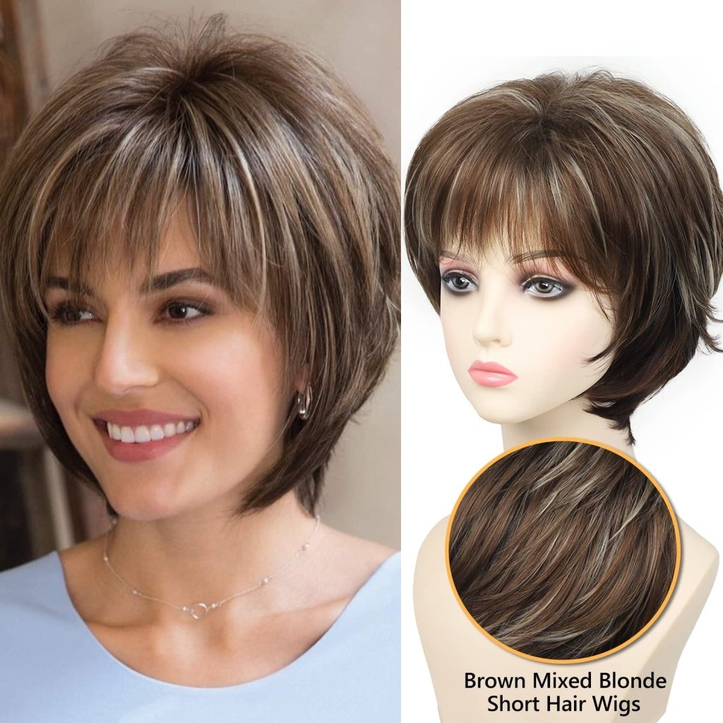 Short Hair Wigs with Bangs Dark Brown Mixed Blonde Pixie Cut Wig for Women Straight Human Hair Wigs - Wigtrends