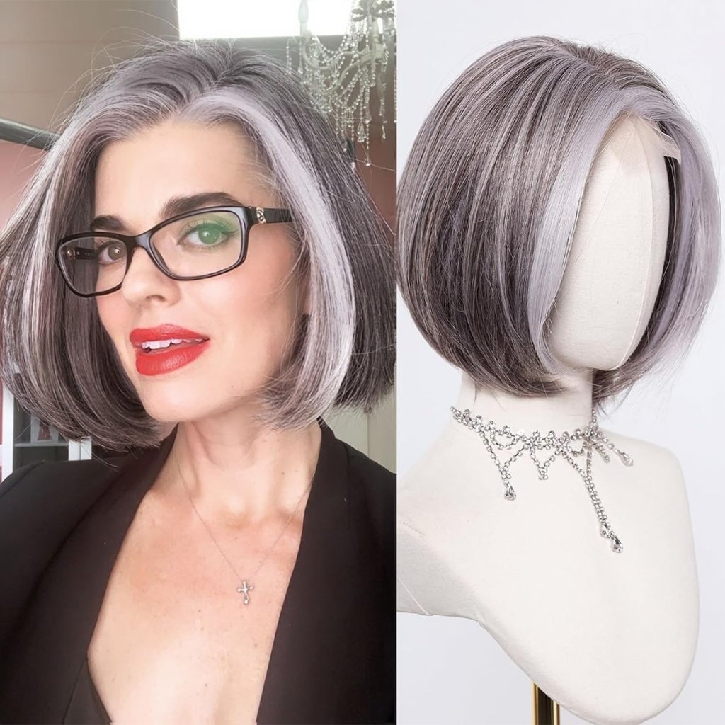 Short Middle Part Salt and Pepper Grey Human Hair Wigs for Women - Wigtrends