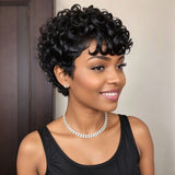 Short Natural Black Glueless Chic Curly Wig With Swept Bangs 100% Human Hair Wigs - Wigtrends