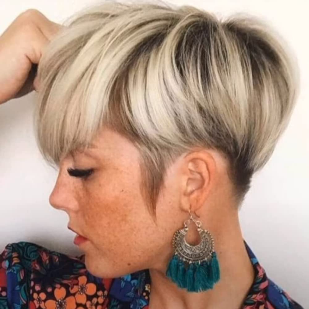 Short Pixie Cut Wigs with Bangs Mix Black Gray Pixie Cut Synthetic Hair Wigs - Wigtrends