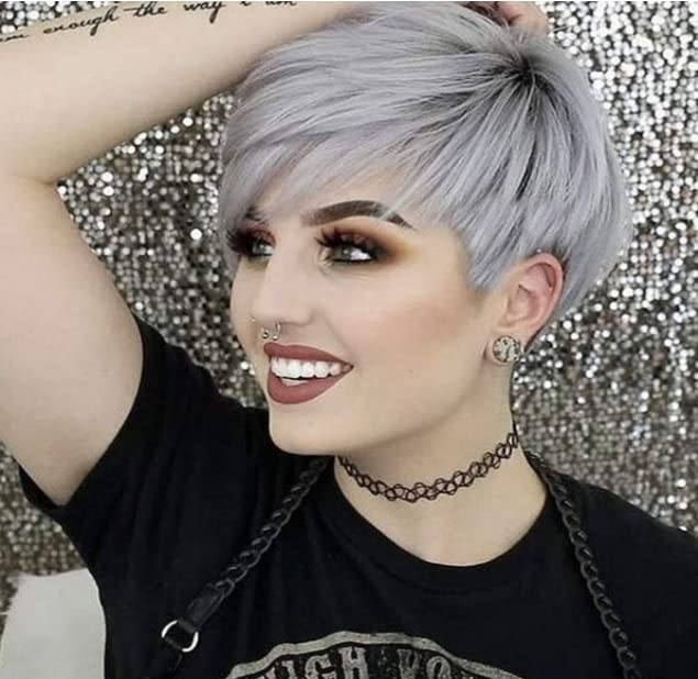 Short Pixie Cut Wigs with Bangs Mix Black Gray Pixie Cut Synthetic Hair Wigs - Wigtrends