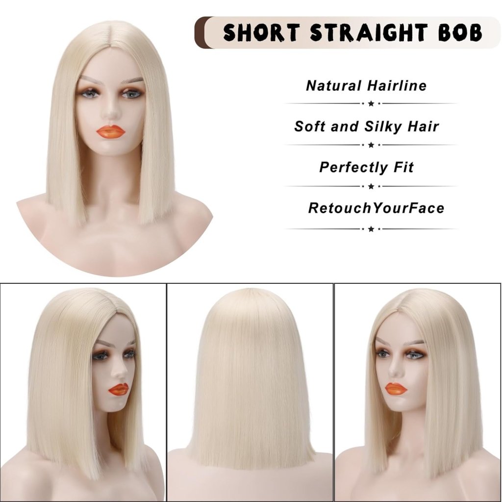 Short Platinum Blonde Bob Wig Silver Blonde Middle Part Straight Bob Wig - Wigtrends