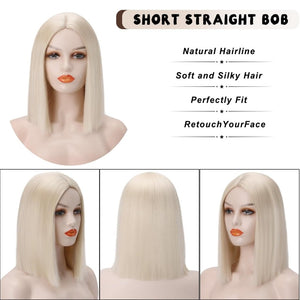 Short Platinum Blonde Bob Wig Silver Blonde Middle Part Straight Bob Wig - Wigtrends