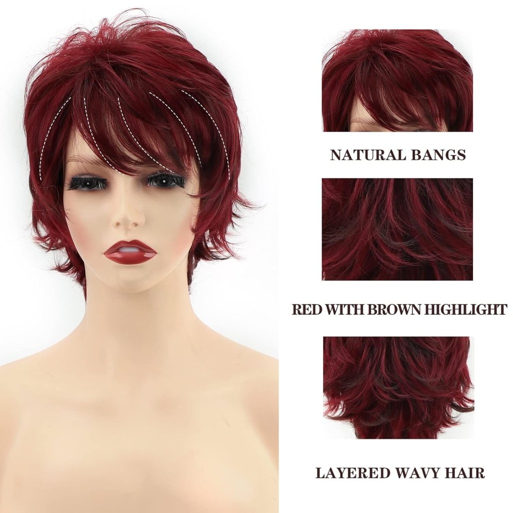 Short Red Pixie Cut Wavy Wigs with Bangs Burgundy Highlight Human Hair Wigs - Wigtrends