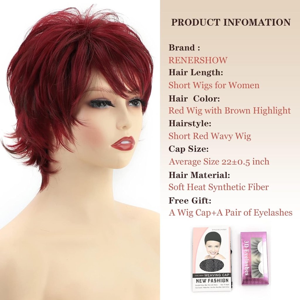 Short Red Pixie Cut Wavy Wigs with Bangs Burgundy Highlight Human Hair Wigs - Wigtrends