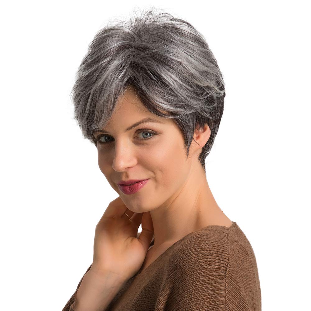 Short Silver Grey Human Hair Blend Wigs for Women Natural Hair Pixie Cut Wig - Wigtrends