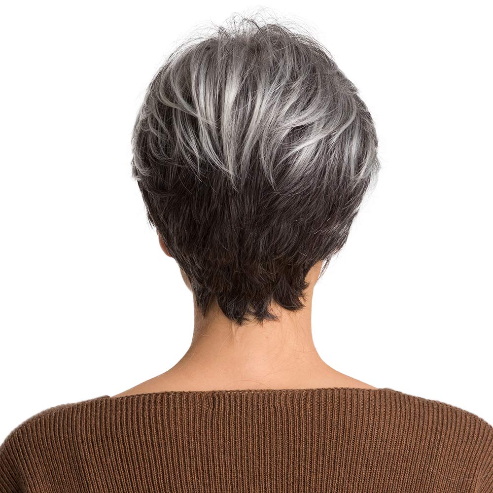 Short Silver Grey Human Hair Blend Wigs for Women Natural Hair Pixie Cut Wig - Wigtrends