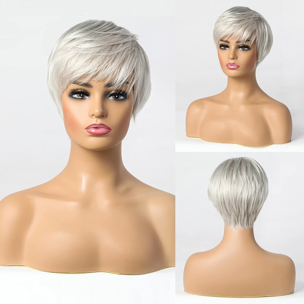 Short Silver Grey Human Hair Blend Wigs for Women Natural Hair Pixie Cut Wig - Wigtrends