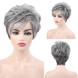 Short Silver Grey Human Hair Blend Wigs for Women Natural Hair Pixie Cut Wig - Wigtrends