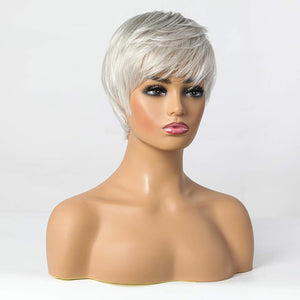 Short Silver Grey Human Hair Blend Wigs for Women Natural Hair Pixie Cut Wig - Wigtrends