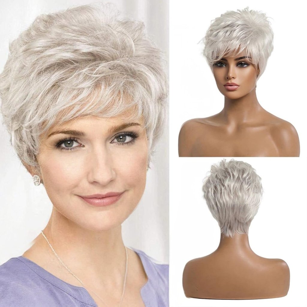 Short Silver Grey Human Hair Blend Wigs for Women Natural Hair Pixie Cut Wig - Wigtrends