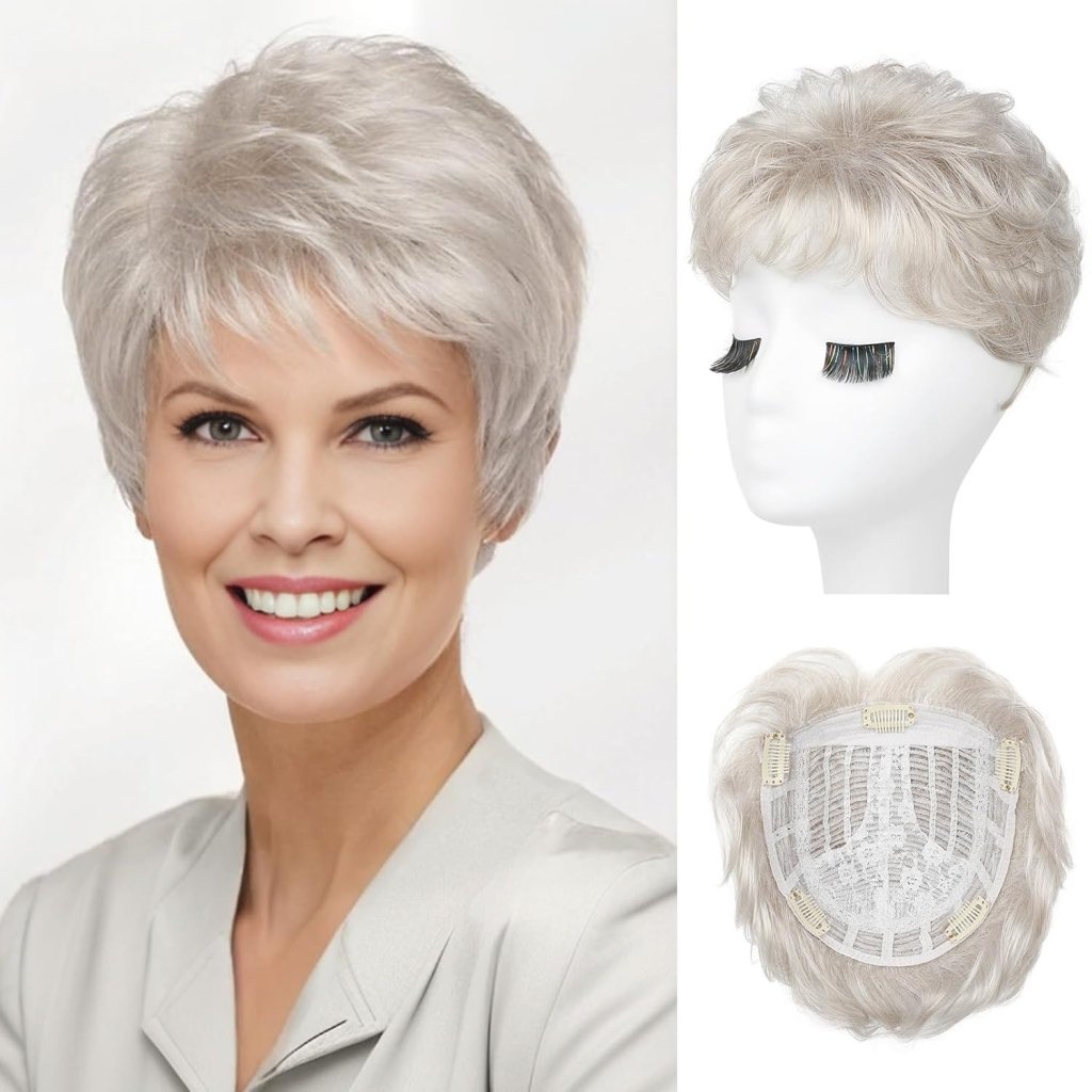 Short Wiglet Hair Topper for Women with Thinning Hair Large Coverage Synthetic Top Grey - Wigtrends