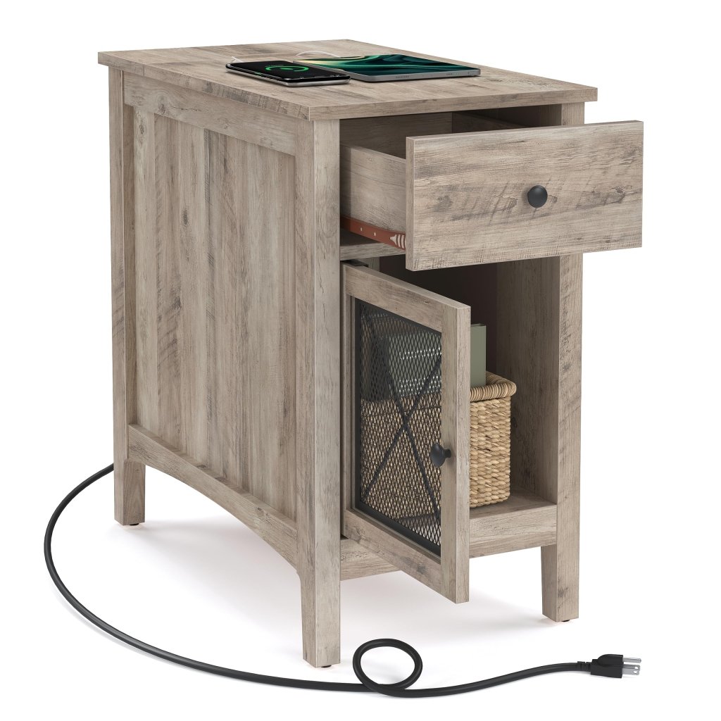 Side Table with Storage, End Table with USB Ports and Outlets, Nightstand with Charging Station, Drawer, Storage Cabinet, Magazine Rack, for Living Room, Bedroom, Greige - Wigtrends