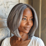 Silver Gray Straight Bob Salt and Pepper 100% Human Hair 4x4 Lace Glueless Wigs For Seniors - Wigtrends