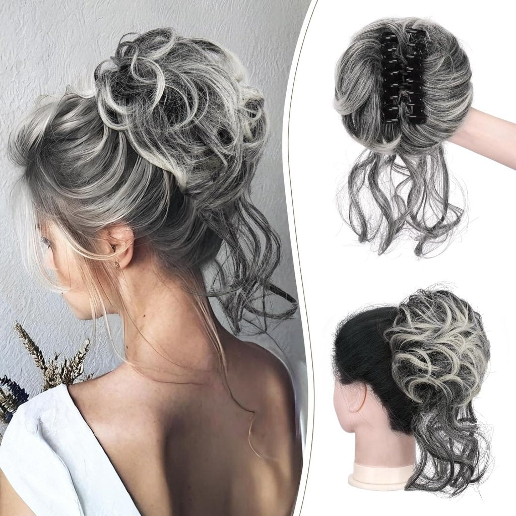 Silver Grey Claw Clip Messy Bun Hair Piece Ponytail Hairpieces - Wigtrends