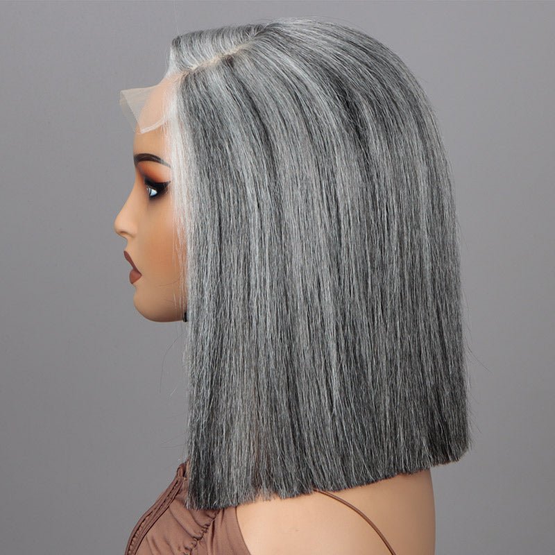 Silver Grey Straight Blunt Cut Bob For Seniors Real Human Hair Salt And Pepper 5x5 HD Lace Wigs - Wigtrends