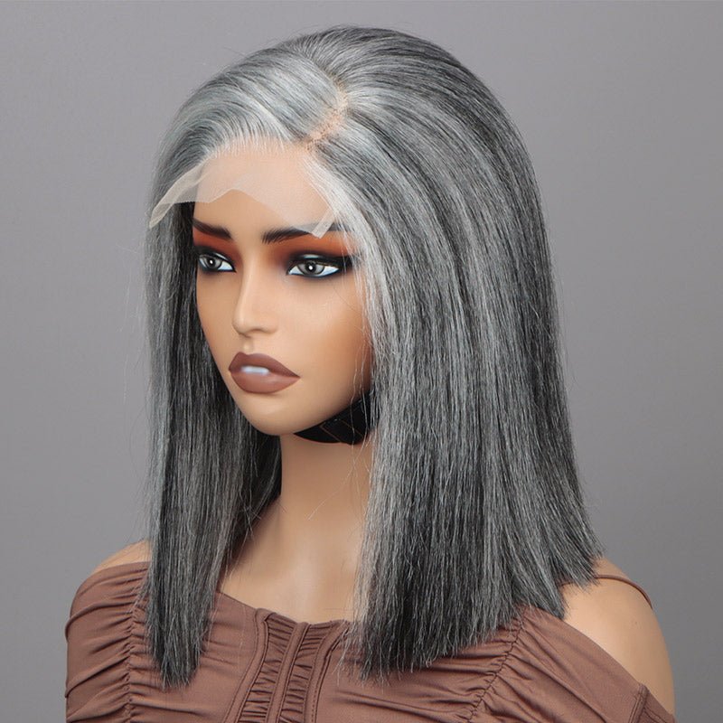 Silver Grey Straight Blunt Cut Bob For Seniors Real Human Hair Salt And Pepper 5x5 HD Lace Wigs - Wigtrends