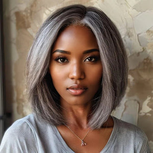 Silver Grey Straight Blunt Cut Bob For Seniors Real Human Hair Salt And Pepper 5x5 HD Lace Wigs - Wigtrends