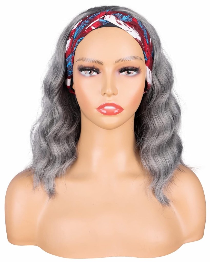 Silver Grey Wavy Headband Wig For Black Women Curly Half Wigs With Headband Attached Synthetic Wrap Wigs Turban Wigs For Women(Gray)… - Wigtrends