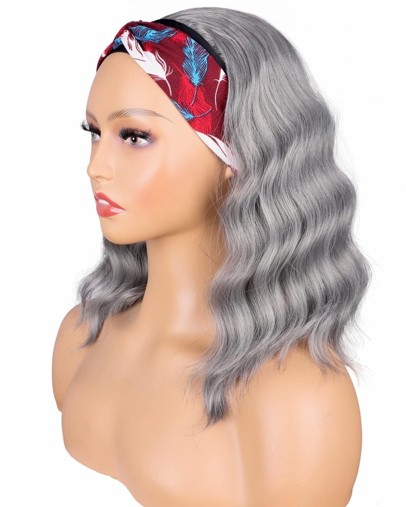 Silver Grey Wavy Headband Wig For Black Women Curly Half Wigs With Headband Attached Synthetic Wrap Wigs Turban Wigs For Women(Gray)… - Wigtrends