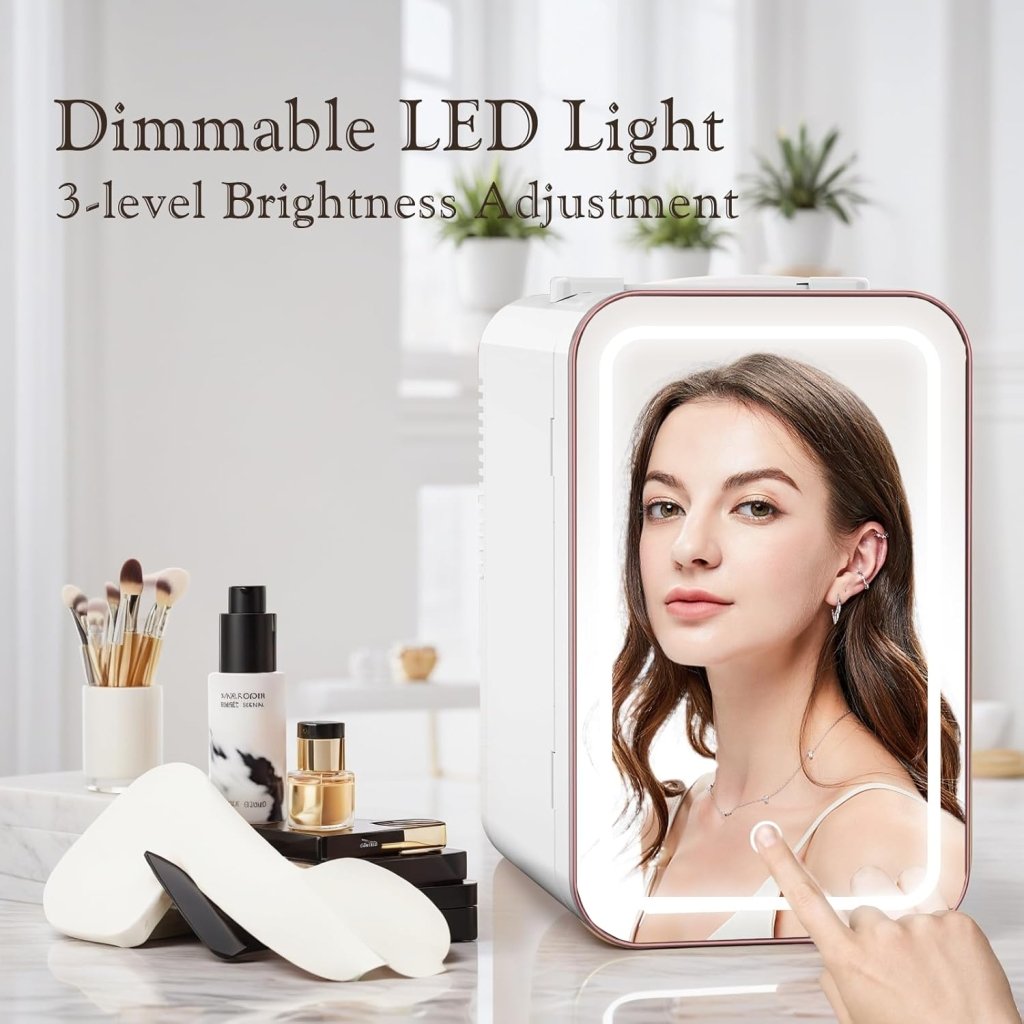Skincare Fridge, 6L/10 Can Mini Fridge for Bedroom with Dimmable LED Mirror, Portable Cooler & Warmer Small Compact Refrigerator for Skincare, Cosmetics, Bedroom and Office, White - Wigtrends