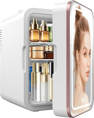 Skincare Fridge, 6L/10 Can Mini Fridge for Bedroom with Dimmable LED Mirror, Portable Cooler & Warmer Small Compact Refrigerator for Skincare, Cosmetics, Bedroom and Office, White - Wigtrends