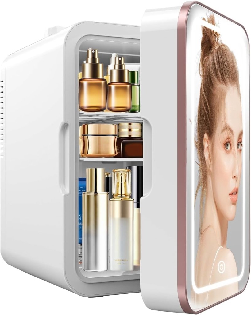 Skincare Fridge, 6L/10 Can Mini Fridge for Bedroom with Dimmable LED Mirror, Portable Cooler & Warmer Small Compact Refrigerator for Skincare, Cosmetics, Bedroom and Office, White - Wigtrends