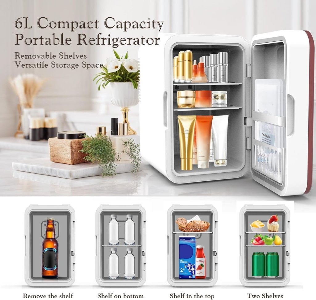 Skincare Fridge, 6L/10 Can Mini Fridge for Bedroom with Dimmable LED Mirror, Portable Cooler & Warmer Small Compact Refrigerator for Skincare, Cosmetics, Bedroom and Office, White - Wigtrends