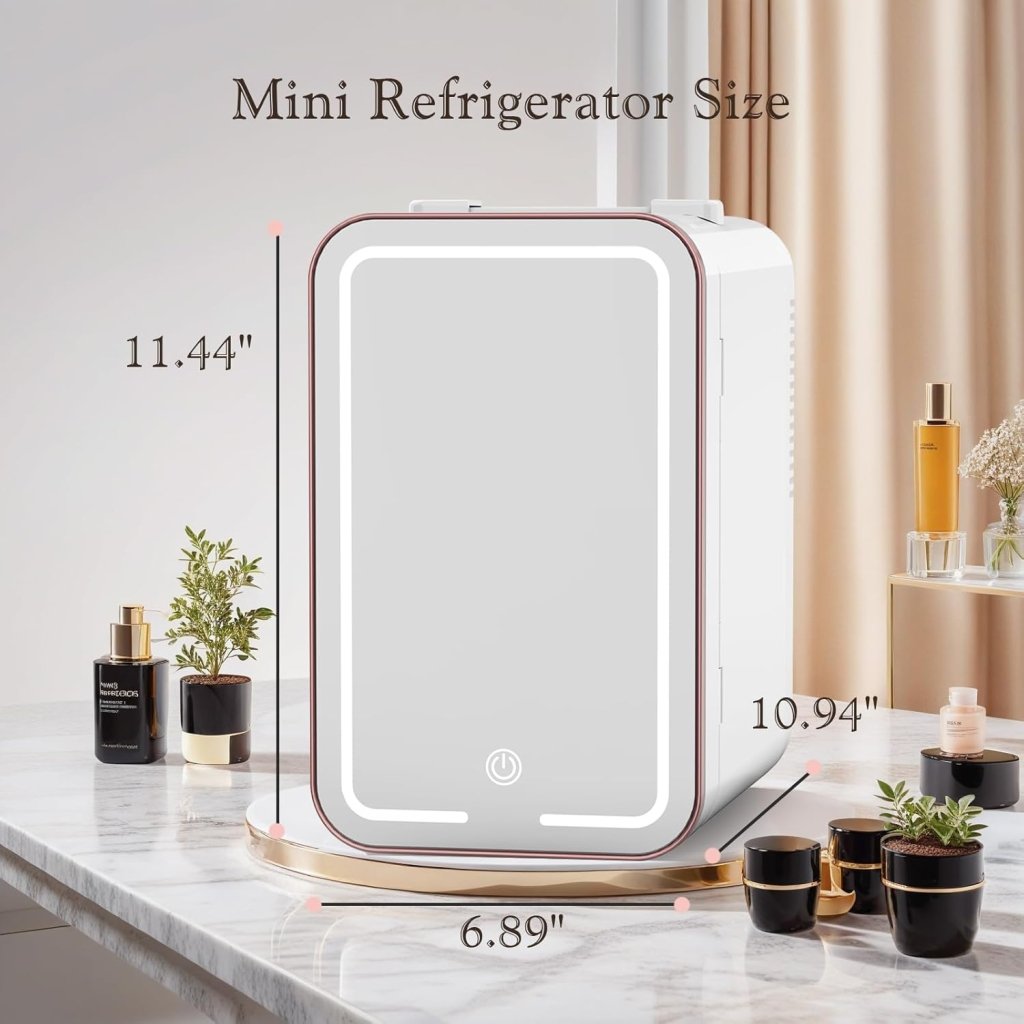 Skincare Fridge, 6L/10 Can Mini Fridge for Bedroom with Dimmable LED Mirror, Portable Cooler & Warmer Small Compact Refrigerator for Skincare, Cosmetics, Bedroom and Office, White - Wigtrends
