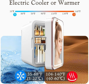 Skincare Fridge, 6L/10 Can Mini Fridge for Bedroom with Dimmable LED Mirror, Portable Cooler & Warmer Small Compact Refrigerator for Skincare, Cosmetics, Bedroom and Office, White - Wigtrends