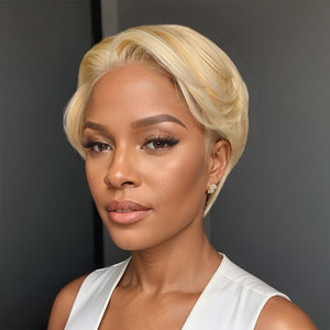 Smooth Pixie Cut Bob Glueless 5x5 Closure Lace Wig Blonde #613 Hairstyle Layered Side Part Straight Human Hair - Wigtrends