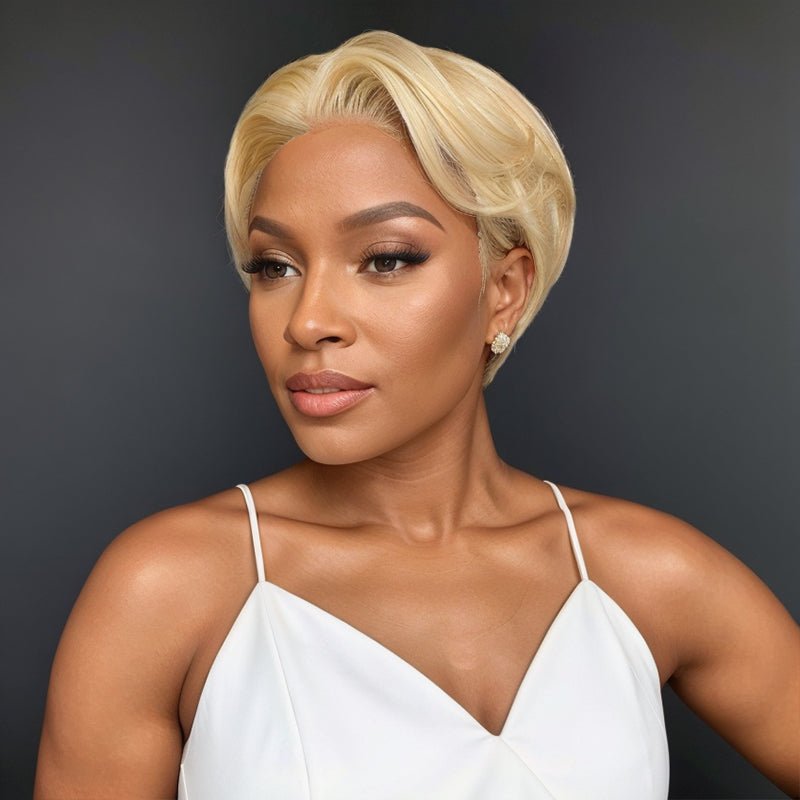 Smooth Pixie Cut Bob Glueless 5x5 Closure Lace Wig Blonde #613 Hairstyle Layered Side Part Straight Human Hair - Wigtrends