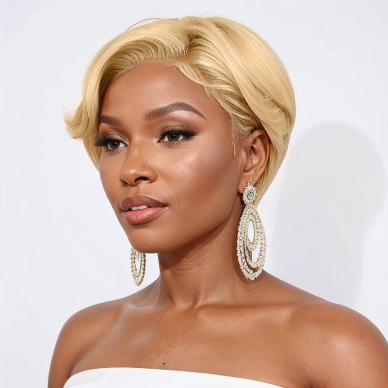 Smooth Pixie Cut Bob Glueless 5x5 Closure Lace Wig Blonde #613 Hairstyle Layered Side Part Straight Human Hair - Wigtrends