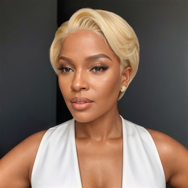 Smooth Pixie Cut Bob Glueless 5x5 Closure Lace Wig Blonde #613 Hairstyle Layered Side Part Straight Human Hair - Wigtrends