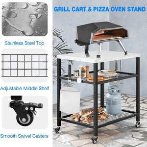 Stainless Steel Outdoor Grill Cart Pizza Oven Stand Trolley Table with Wheels Three - Shelf Movable Food Prep and Work Table Heavy Duty Grill Carts Outdoor Cart 31.5"×24"×35.5" - Wigtrends