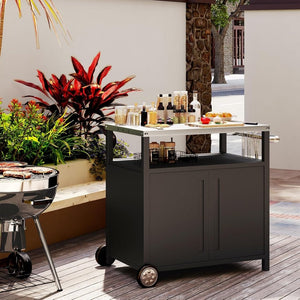 Stainless Steel Outdoor Grill Cart Pizza Oven Stand Trolley Table with Wheels Three - Shelf Movable Food Prep and Work Table Heavy Duty Grill Carts Outdoor Cart 31.5"×24"×35.5" - Wigtrends