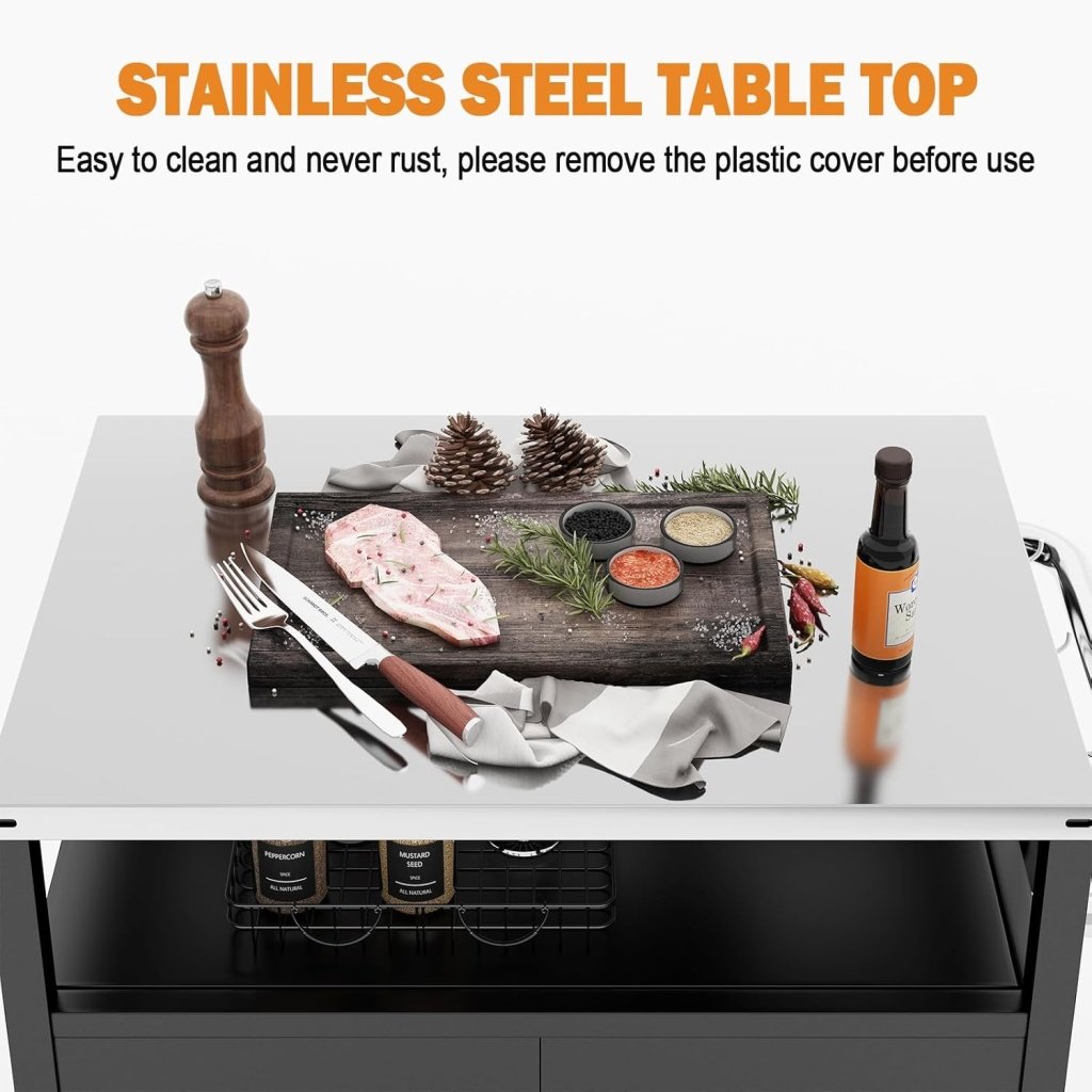 Stainless Steel Outdoor Grill Cart Pizza Oven Stand Trolley Table with Wheels Three - Shelf Movable Food Prep and Work Table Heavy Duty Grill Carts Outdoor Cart 31.5"×24"×35.5" - Wigtrends
